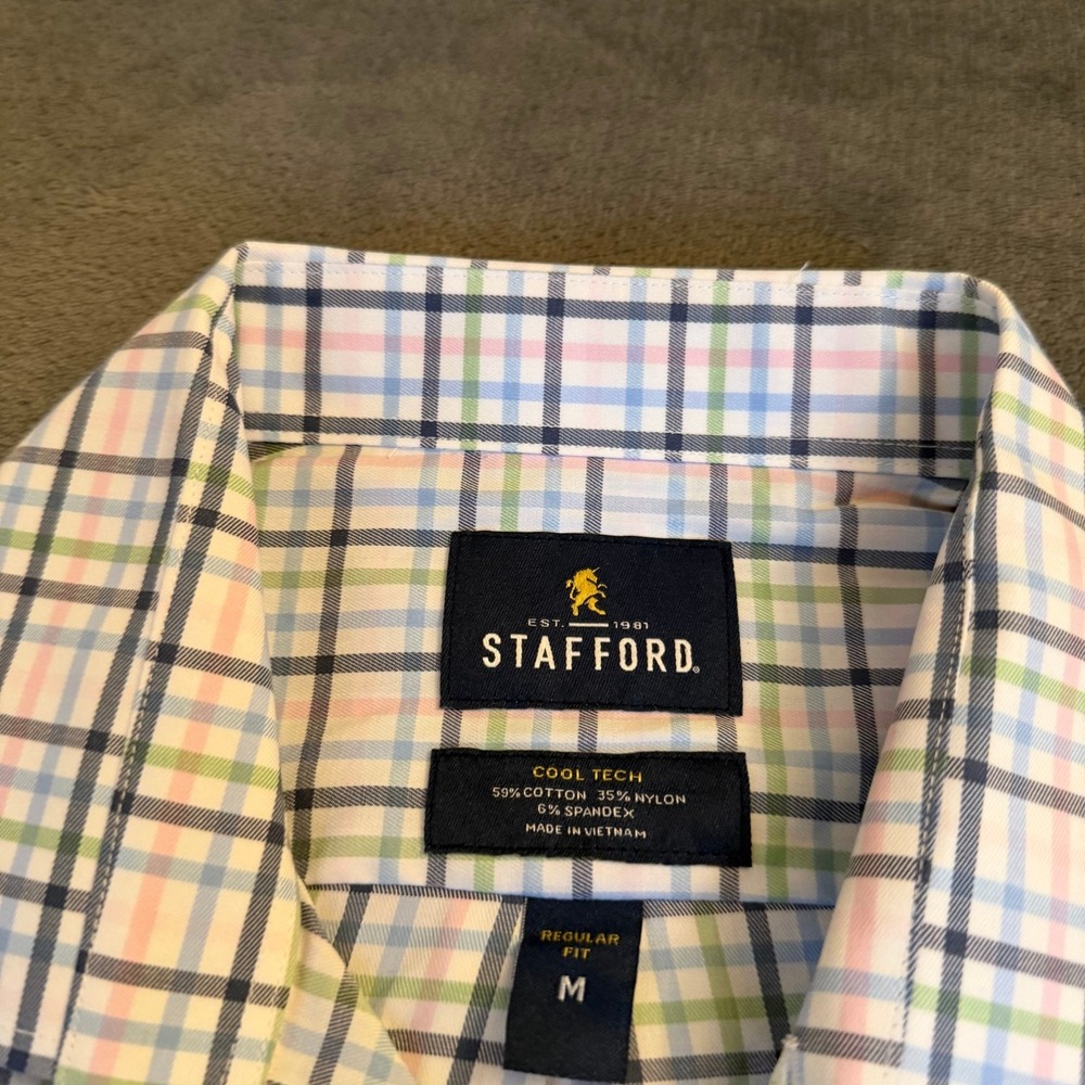 Stafford Cool Tech Performance Twill Shirt Mens Medium Pink Multi Plaid Regular